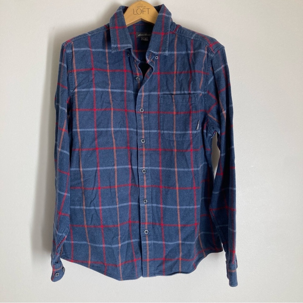 Eddie Bauer Men’s Medium Navy Blue Plaid Button-Down Shirt with Red Windowpane